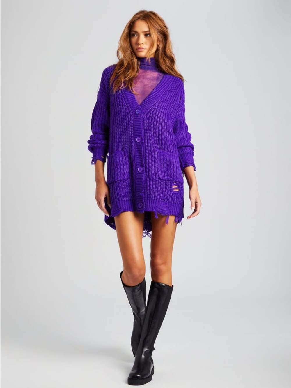Seroya Florence Chunky Distressed V-Neck Cardigan Sweater Dress